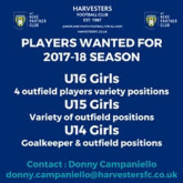 Players wanted for Harvesters FC girls teams for the 2017/18 season