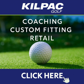 Golf ball on green with Kilpac Golf custom fitting banner in Eastbourne