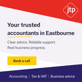 JTP Accountancy and Tax Services banner showing trusted accountants in Eastbourne with book a call button and accounting, tax and business advice services