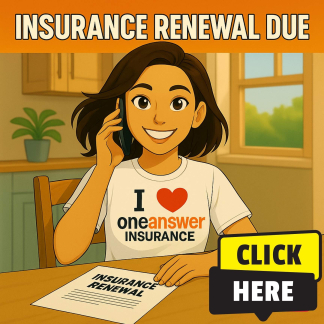 Tess promotes One Answer Insurance in Eastbourne, highlighting an insurance renewal reminder at a kitchen table with a “Click Here” call-to-action.