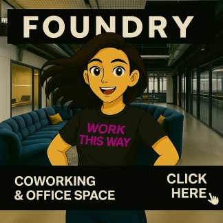 Tess Sparks in Foundry Eastbourne lounge wearing WORK THIS WAY t-shirt – promoting coworking and office space