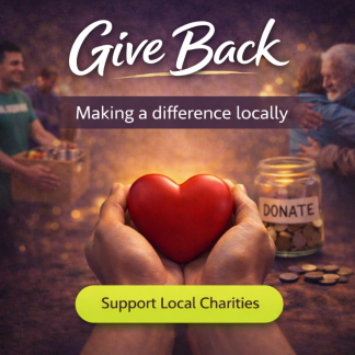 Give Back square banner encouraging support for local charities in Eastbourne with donation and volunteering imagery
