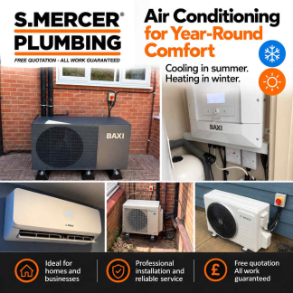S. Mercer Plumbing air conditioning banner featuring real installations, heating and cooling systems for homes and businesses in Eastbourne.