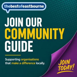 Promotional graphic inviting charities, community groups, sports clubs and local organisations to join thebestof Eastbourne Community Guide.