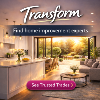 Transform banner for Trusted Trades in Eastbourne featuring modern kitchen and home improvement setting