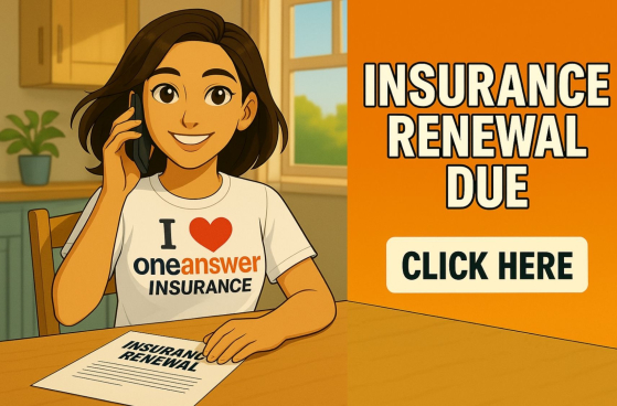 Tess promotes One Answer Insurance in Eastbourne, highlighting an insurance renewal reminder at a kitchen table with a “Click Here” call-to-action.