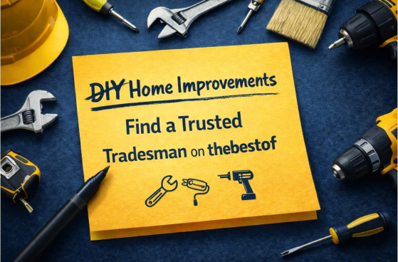 Sticky note with DIY Home Improvements crossed out and message Find a Trusted Tradesman on thebestof, surrounded by home improvement tools representing trusted trades in Eastbourne