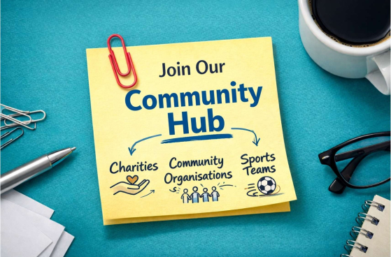 Sticky note reading Join Our Community Hub with icons representing charities, community organisations, and sports teams, promoting local groups in Eastbourne on thebestof Community Hub