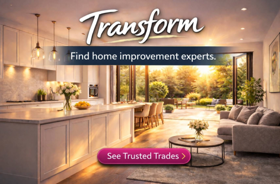 Transform banner for Trusted Trades in Eastbourne featuring modern kitchen and home improvement setting