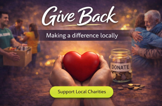 Give Back banner promoting support for local charities in Eastbourne with donation imagery and community volunteering