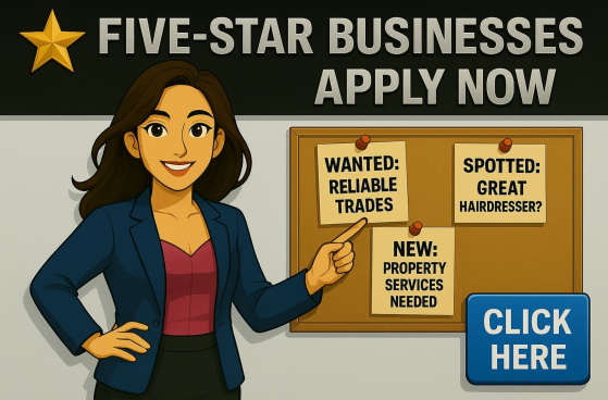 Tess encourages five-star businesses in Eastbourne to apply for local promotion with a confident stance, professional outfit, and corkboard of featured categories.