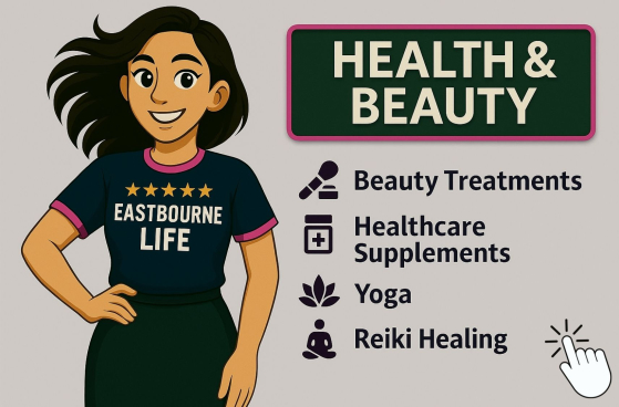 Tess promoting Health and Beauty services in Eastbourne including Beauty Treatments, Healthcare Supplements, Yoga, and Reiki Healing