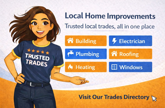 Home improvements banner promoting thebestof trades directory with trusted local builders, electricians, plumbers, roofers, heating and window services