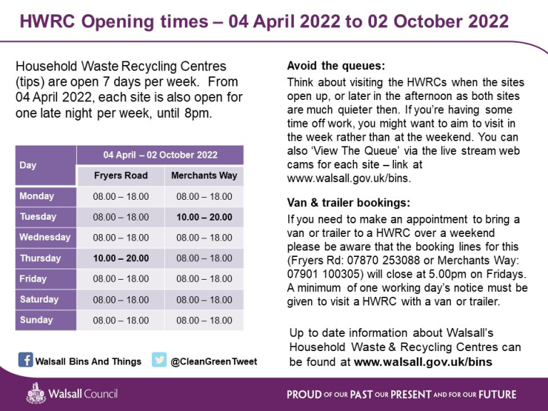 Tip Opening Times in Walsall    From Monday 4th April 2022