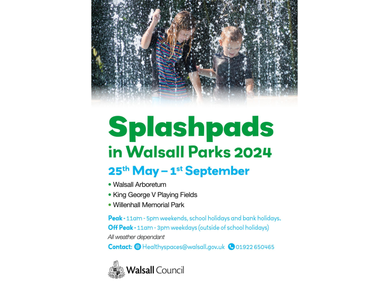 Splash Pad Opening Times in Walsall Arboretum, Willenhall Memorial Park & Blowich King George V Playing Fields Walsall Summer 2024