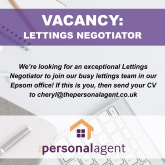 Great Opportunity for Lettings Negotiator at The Personal Agent Lettings Epsom Office