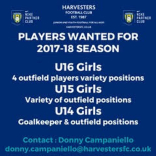 Players wanted for Harvesters FC girls teams for the 2017/18 season