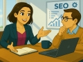 Tess Sparks presenting SEO strategy to a business owner – Search Engine Optimisation in Eastbourne