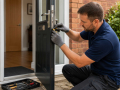Technician carrying out door repairs in Eastbourne by adjusting locks and hinges on a residential door