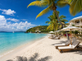 Luxury Caribbean beach resort with palm trees, white sand and turquoise sea