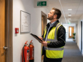 Fire risk assessor reviewing safety measures within a commercial building in Eastbourne