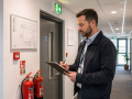 Fire safety consultant reviewing compliance documentation within a commercial property