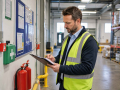Health and safety specialist reviewing compliance procedures within a commercial workplace