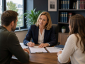 Solicitor providing legal advice to clients in a professional office setting