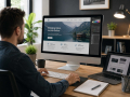 Web designer creating a business website on a modern computer workstation