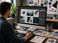 Graphic designer creating branded marketing materials on a professional workstation