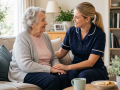 Professional home care worker providing support to an elderly person at home in Eastbourne