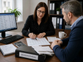Bookkeeper reviewing financial records and bookkeeping documents with a business owner in Eastbourne.