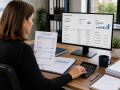 Payroll administrator reviewing employee payroll records and payroll reports in an Eastbourne office.