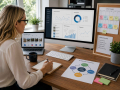 Business owner reviewing digital marketing performance and online content promotion in Eastbourne.