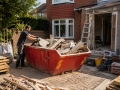 Professional Skip Hire in Eastbourne with builders loading a red skip during a home renovation project.