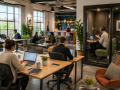Modern Coworking Spaces in Eastbourne with professionals using hot desks, collaborative areas, and private work booths.