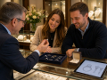 Professional Weddings (Rings and Things) in Eastbourne with a jeweller presenting bespoke engagement and wedding rings to a couple.
