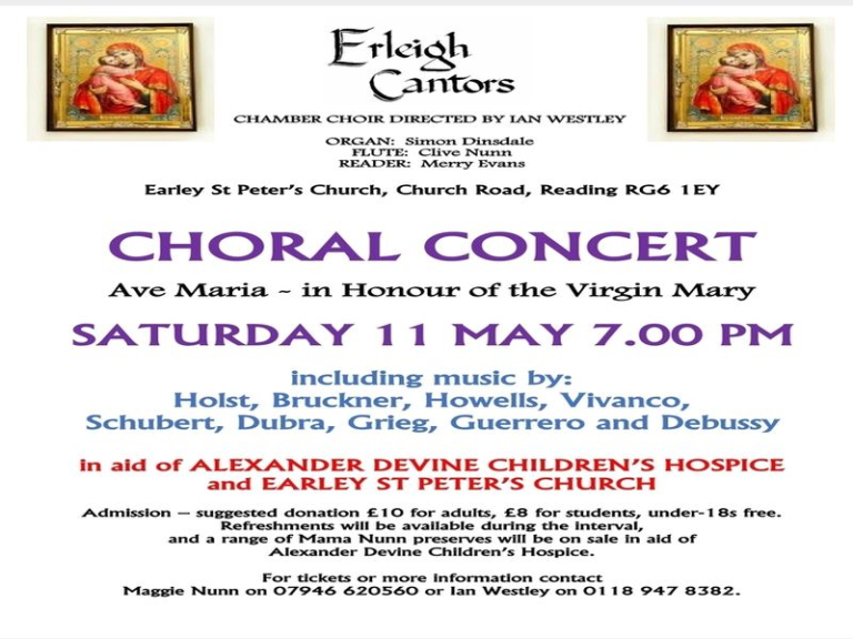 Choral Concert by The Erleigh Cantors at Earley St Peter's Church on Saturday 11 May 7.00-9.30 pm