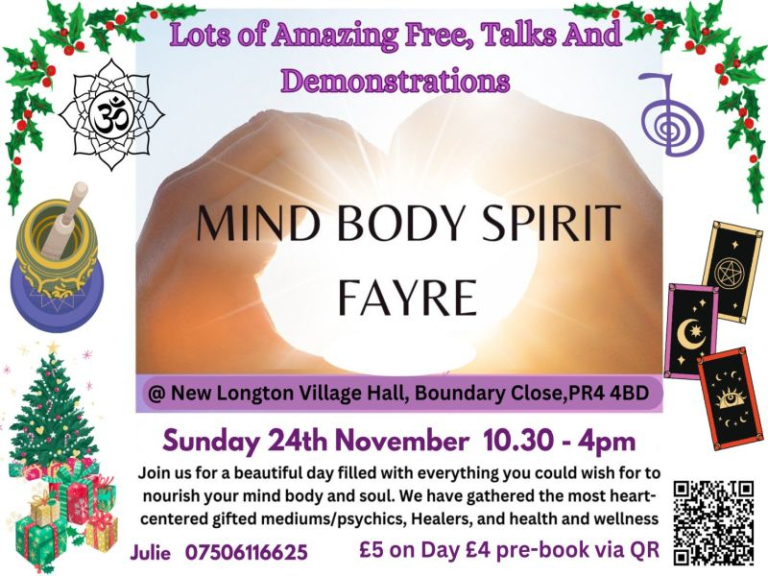 Mind, Body & Spirit Fayre- Readings, Demo's & Stalls 24th November New Longton Village Hall, PR4 4BD