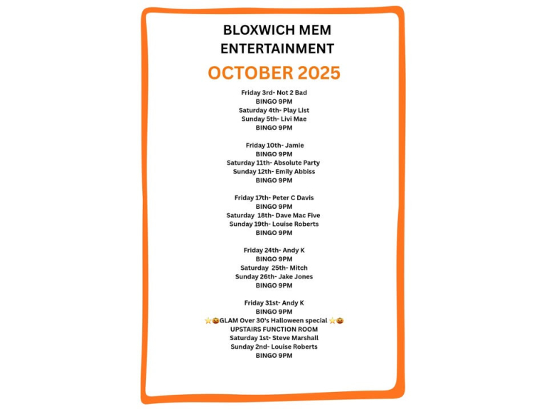 Entertainment for October at Bloxwich Memorial Club Walsall