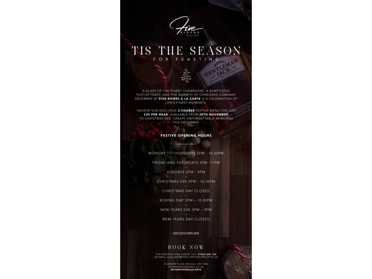 3 Course Festive Menu just £35pp at Five Rivers À La Carte