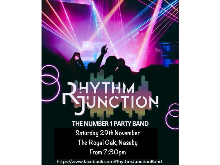 Rhythm Junction  The Number 1 Party Band, Live Music at The Royal Oak, Naseby this Weekend.