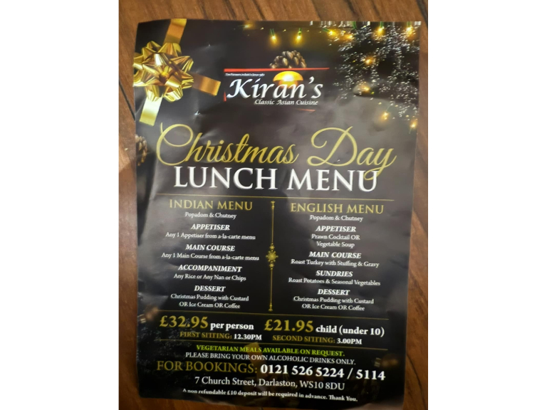 Christmas Day Lunch Menu at Kiran's Balti Darlaston
