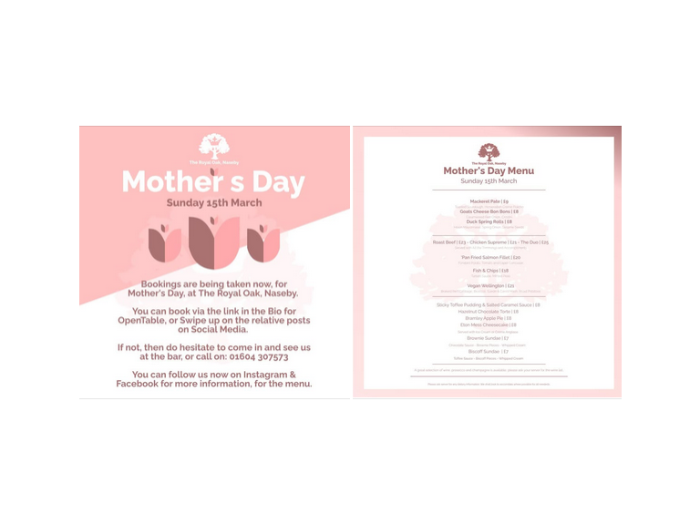 Celebrate MOTHER'S DAY at The Royal Oak, Naseby