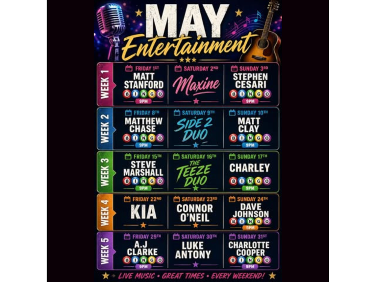 🎤✨ MAY ENTERTAINMENT IS HERE at Bloxwich Memorial Club! ✨🎶