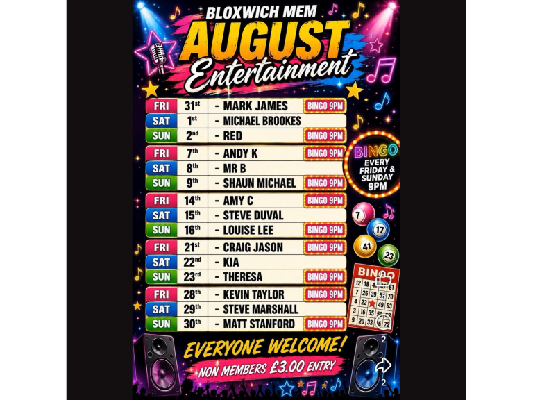 🎉 🎶 BLOXWICH MEMORIAL CLUB – AUGUST ENTERTAINMENT 🎶 🎉