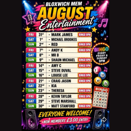 🎉 🎶 BLOXWICH MEMORIAL CLUB – AUGUST ENTERTAINMENT 🎶 🎉