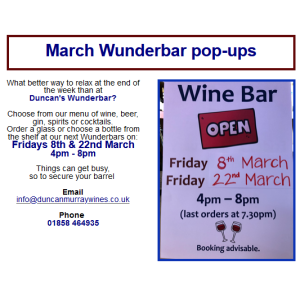 March WUNDERBAR Opening Times at Duncan Murray Wines