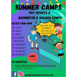 Try-Sport Junior Summer Camps #Badminton #Squash  (ages 7 to 14) at Ebbisham Centre #Epsom