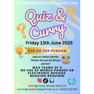 Quiz and Curry Night at Calderfields Golf & Country Club in Walsall